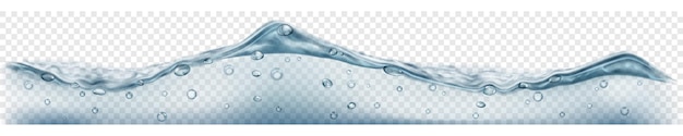 Horizontal banner with translucent water wave in gray and light blue colors with air bubbles, isolated on transparent background. transparency only in vector file