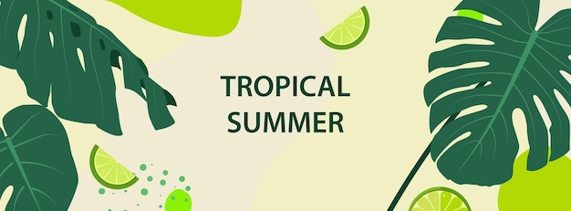 Horizontal banner with tropical leaves plants lime slices and trendy floral blots Announcement of a new collection discounts on it summer sale discount Vector