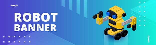 Vector horizontal banner with a yellow robot assembled from plastic blocks in isometric style for printing and design vector illustration