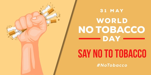 Horizontal banner world no tobacco day illustration background with hands crushing cigarette