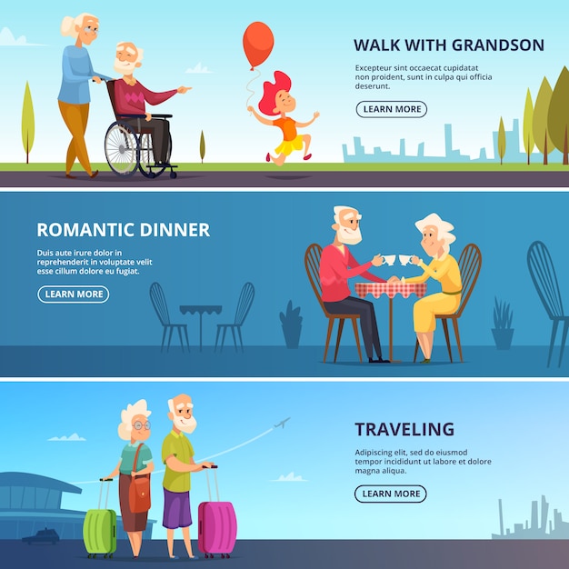 Horizontal banners set  of elderly couples in various situations