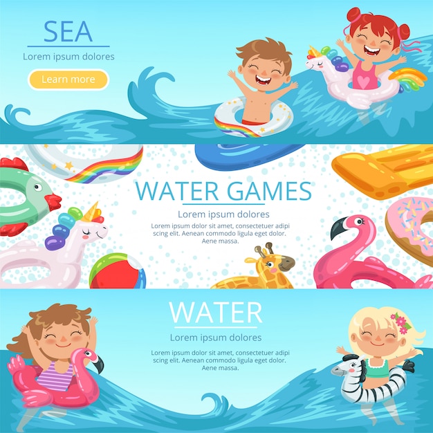 Horizontal banners set happy childrens playing on the beach and water park