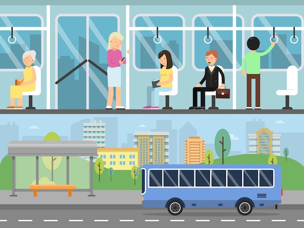 Horizontal banners  of urban landscape with transport and Bus interior with passengers