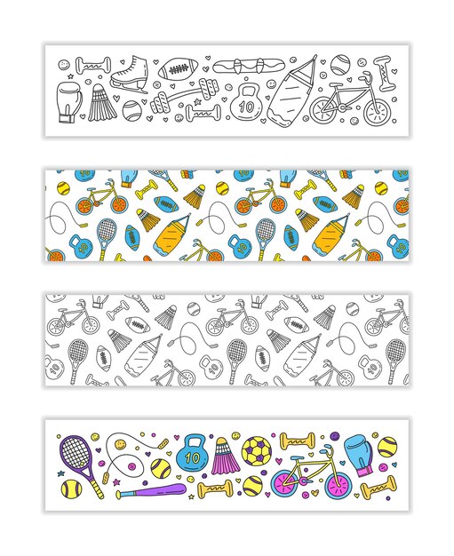 horizontal banners with doodle colored sport items equipment used clipping mask