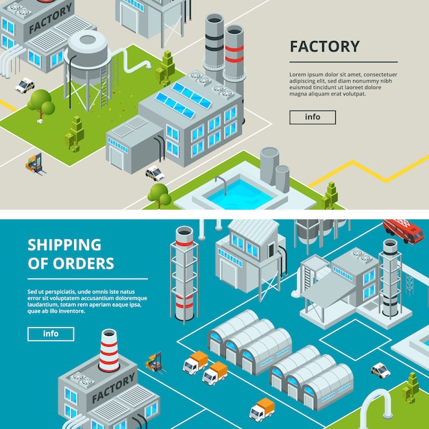 Vector horizontal banners with industrial buildings. isometric factory