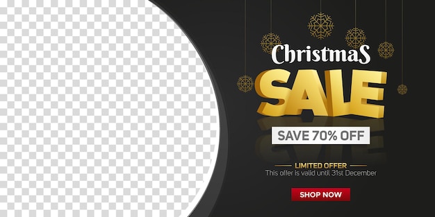 Horizontal black and golden christmas sale banner for web and social media with abstract frame