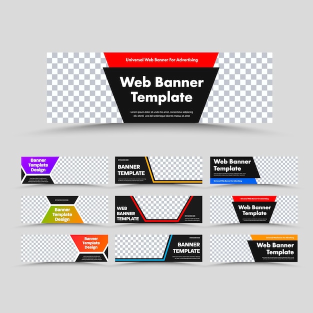 Vector horizontal black web banner templates with place for photo and text and different geometric shapes. set of design for advertising business.