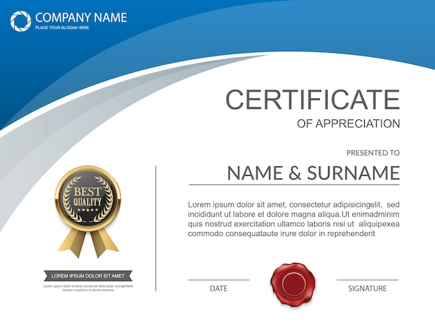 Horizontal blue and gray certificate template design