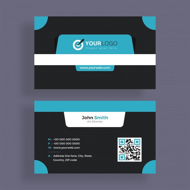 Horizontal blue and grey business card with front and back presentation.