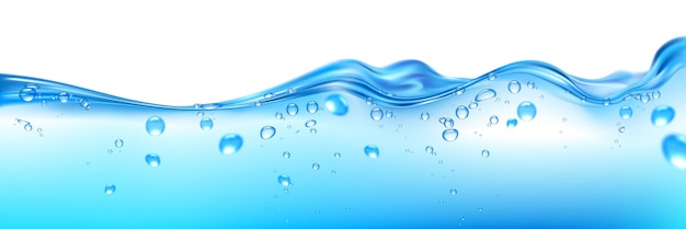 Horizontal blue water wave splashes with bubbles realistic vector illustration