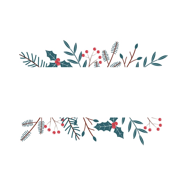 Horizontal border border with winter plants with space for text Vector element in aesthetic style Fir branches berries and leaves on a white background