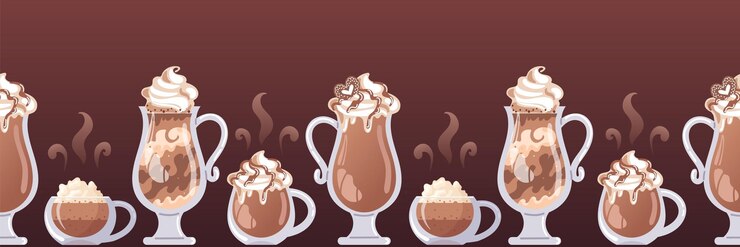 Vector コーヒー カプチーノ ラテ グラスとモカ ホット チョコレートの種類と水平方向の境界線