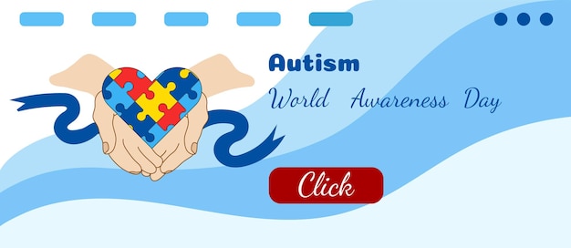 Vettore frontiera orizzontale bandiera vettoriale della giornata mondiale della consapevolezza dell'autismo con puzzle cuore nelle mani nastro blu