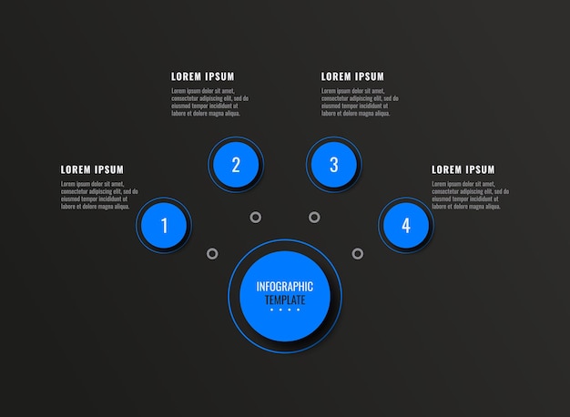 黒の背景に 4 つの青い丸いステップを持つ水平ビジネス インフォ グラフィック ダイアグラム テンプレート