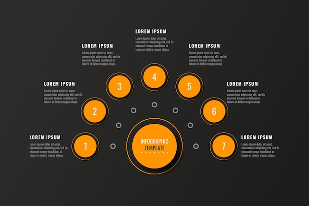 horizontal business infographic diagram template with seven orange round steps on a black background