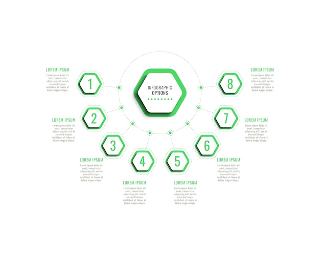 Horizontal business infographic template with eight green hexagonal elements on a white background