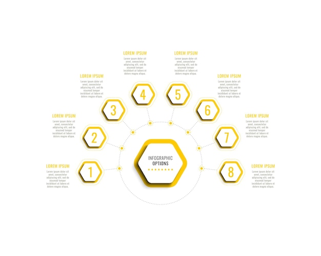 Horizontal business infographic template with eight yellow hexagonal elements on a white background