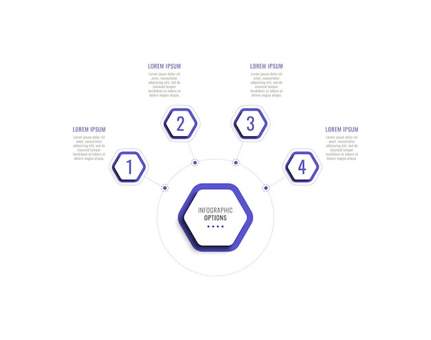 흰색 배경에 4개의 보라색 육각형 요소가 있는 수평 비즈니스 infographic 템플릿