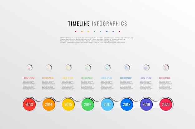 horizontal business timeline with 8 round elements year indication and text boxes on white