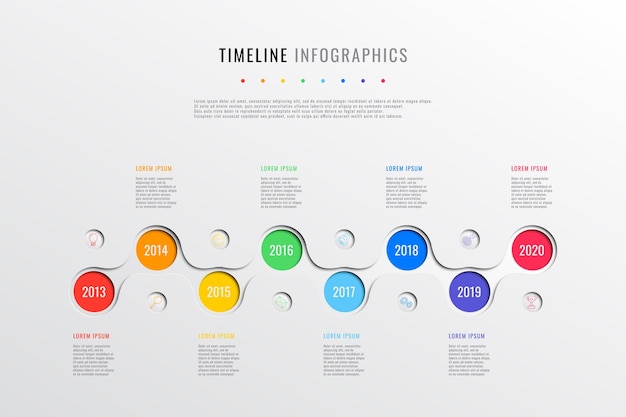 horizontal business timeline with 8 round elements, year indication and text boxes
