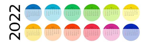 Horizontal calendar for 2022 isolated on a white background. sunday to monday, business template. vector illustration