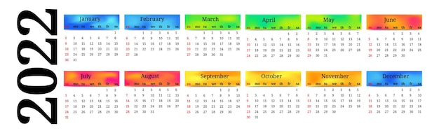 Horizontal calendar for 2022 isolated on a white background. sunday to monday, business template. vector illustration