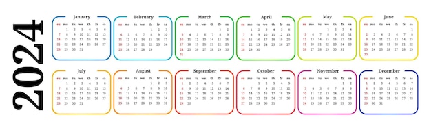 Horizontal calendar for 2024 isolated on a white background Sunday to Monday business template Vector illustration