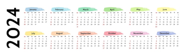 Horizontal calendar for 2024 isolated on a white background Sunday to Monday business template Vector illustration