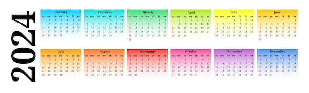 Vettore calendario orizzontale per il 2024 isolato su uno sfondo bianco modello di business da domenica a lunedì illustrazione vettoriale