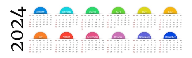 Horizontal calendar for 2024 isolated on a white background Sunday to Monday business template Vector illustration