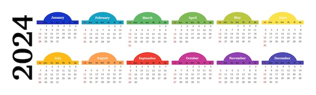 Horizontal calendar for 2024 isolated on a white background Sunday to Monday