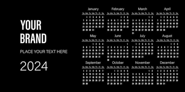 Горизонтальный дизайн шаблона календаря 2024 на черном фоне для вашего фирменного проекта