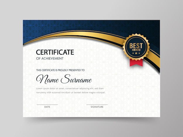horizontal certificate of achievement template with geometric pattern in blue and white color