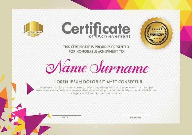 Horizontal certificate template with triangle geometric polygonal background
