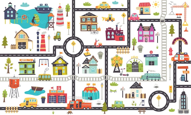 Horizontal children's map with roads, cars, buildings.nursery design for posters, carpet, children's room. vector illustration