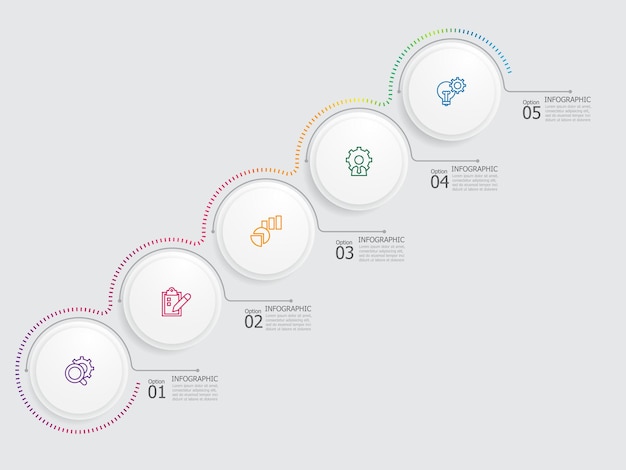 Cerchio orizzontale elemento infografico sfondo della relazione con icona aziendale 5 passaggi per la presentazione