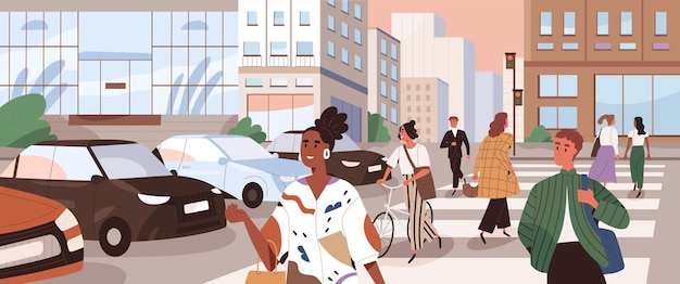 Вектор Горизонтальный городской пейзаж с людьми, пересекающими дорогу на пешеходных переходах. панорамный вид с пешеходами и велосипедистами, идущими по улице по зебре. цветная плоская мультяшная векторная иллюстрация оживленного движения в городе