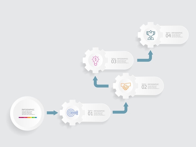 horizontal cog gear wheel steps timeline infographic element report background with business line icon 4 steps