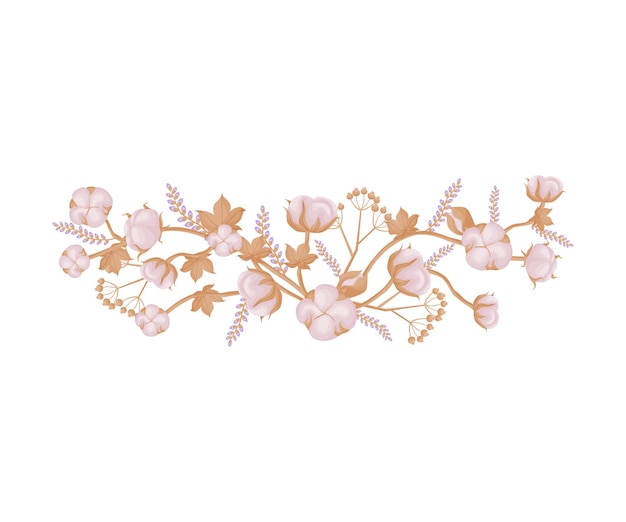 Horizontal composition of twigs flowers leaves and fruits of cotton vector illustration on white background
