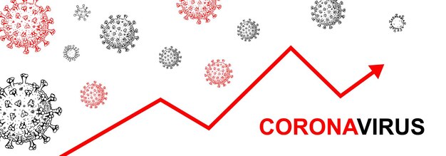 Banner orizzontale di coronavirus con elementi di design disegnati a mano.