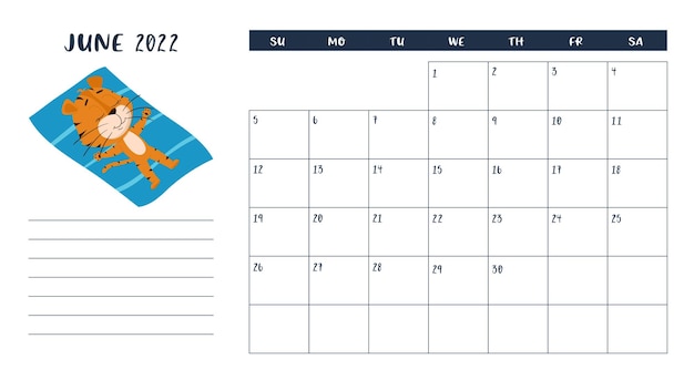 2022年6月の水平デスクトップカレンダーページテンプレート。マットの上でタイガー日光浴。