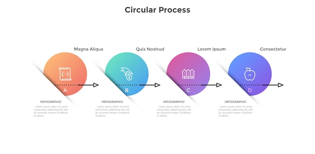 Horizontal diagram with 4 gradient colored round elements connected by arrows. Concept of four steps of project development. Flat infographic design template. Vector illustration for progress bar.