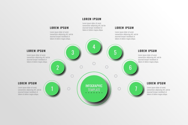 Horizontal diagram with seven green infographic elements with realistic shadow on a white background