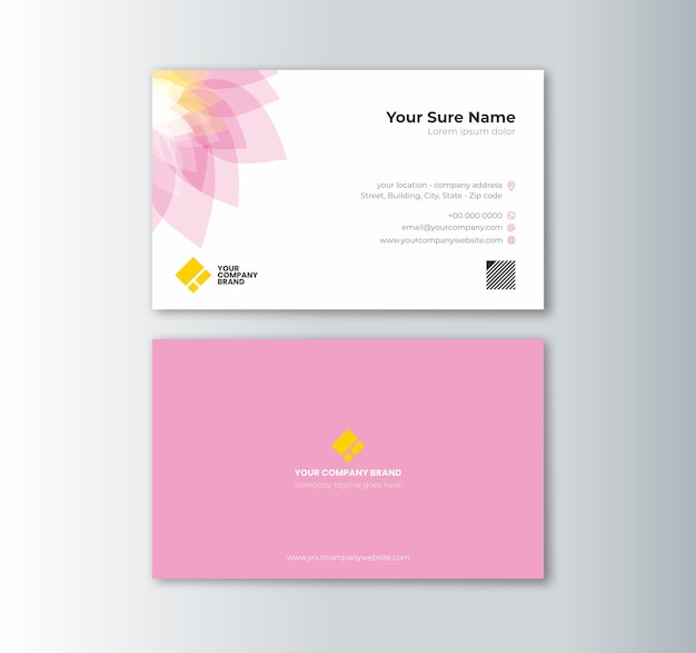 Horizontal doublesided business card template with pink flower petals on a white background