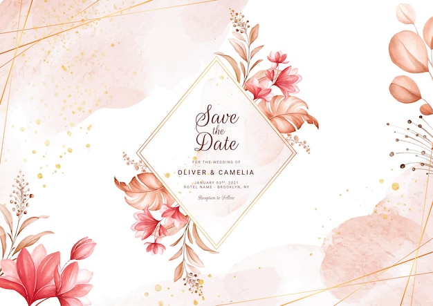 Horizontal floral wedding invitation template set with elegant burgundy and brown