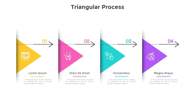 Horizontal flowchart with 4 triangular elements connected by arrows. Concept of four successive stages of business plan. Simple infographic design template. Flat vector illustration for progress bar.