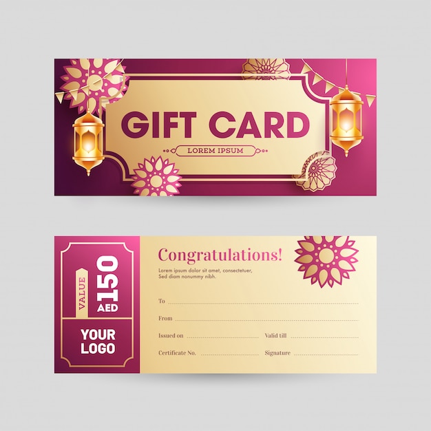 Gift card orizzontale o design di banner in vista frontale e posteriore