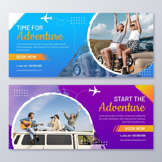 Vector horizontal gradient adventure banners set with photo