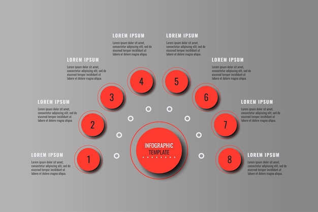 Horizontal gray business infographic template with eight red round elements and textboxes