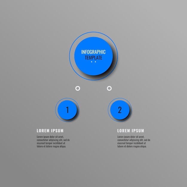 2つの深い青色の丸い要素とテキストボックスを持つ水平灰色のビジネスインフォグラフィックテンプレート